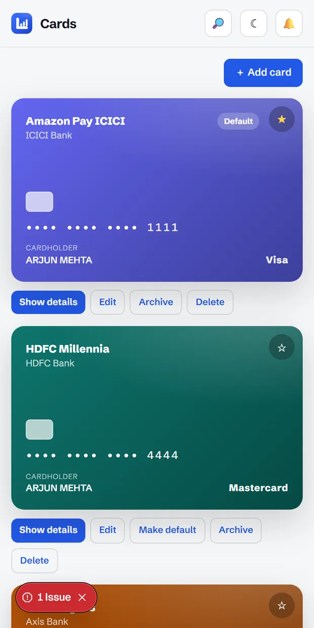 Cards screen
